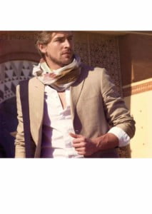 model Adrian Allen before tiled Arabic architecture