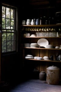 dishes and window in kitchen door, photo by Diane Blackford